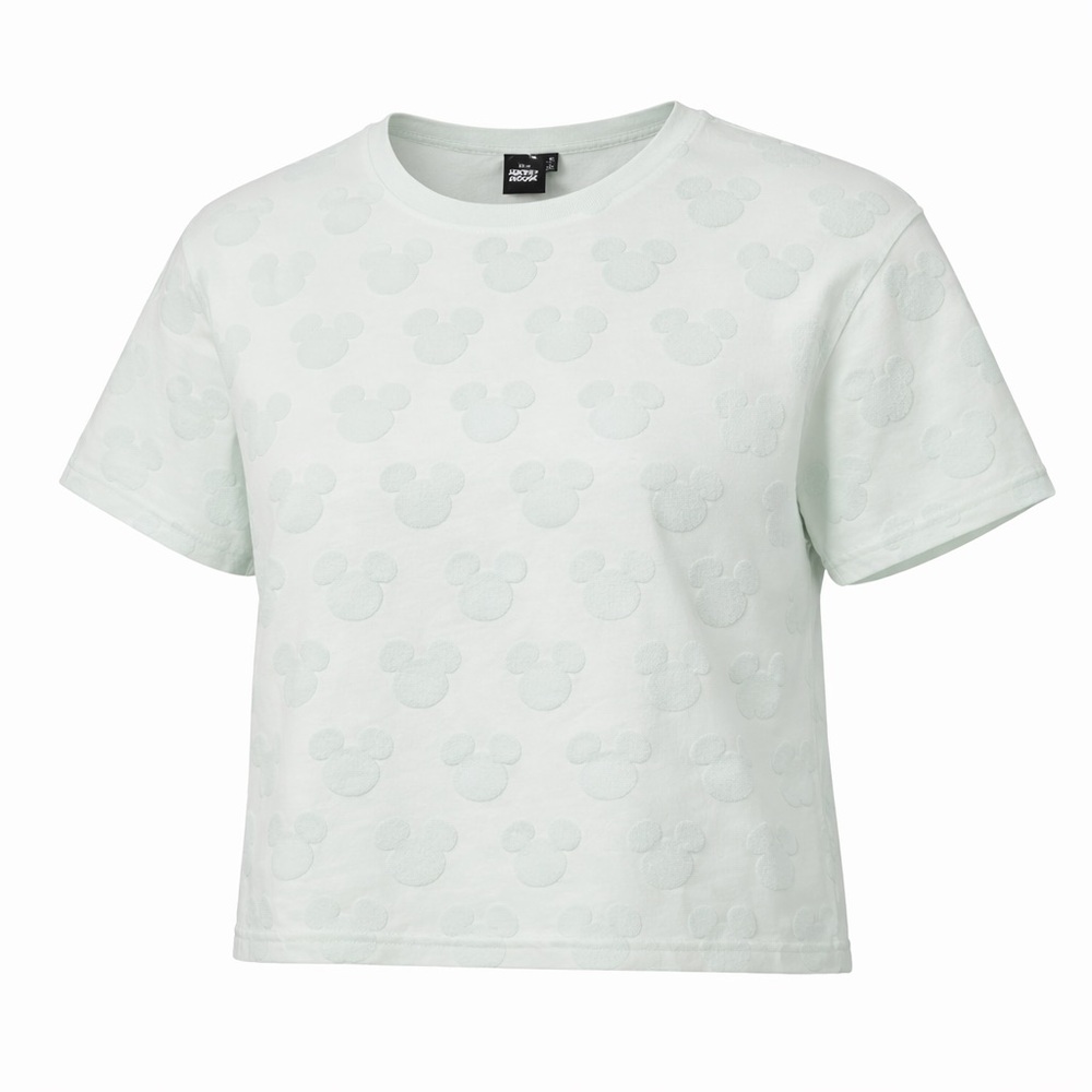 NWOT Disney Mickey Mouse Pattern Women’s Pastel Min Green Crewneck Tee Large